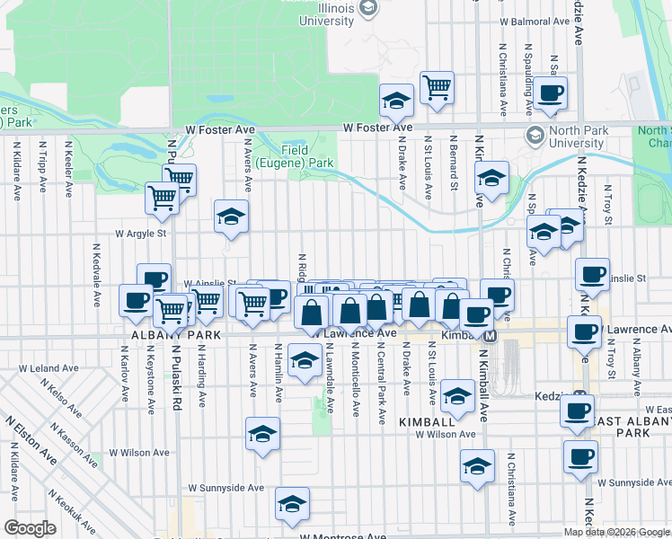 map of restaurants, bars, coffee shops, grocery stores, and more near 4858 North Monticello Avenue in Chicago