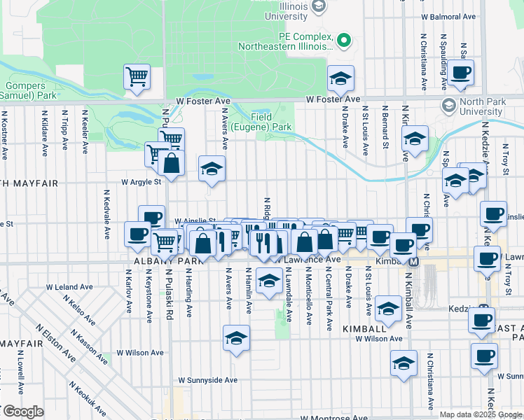 map of restaurants, bars, coffee shops, grocery stores, and more near 4857 North Hamlin Avenue in Chicago