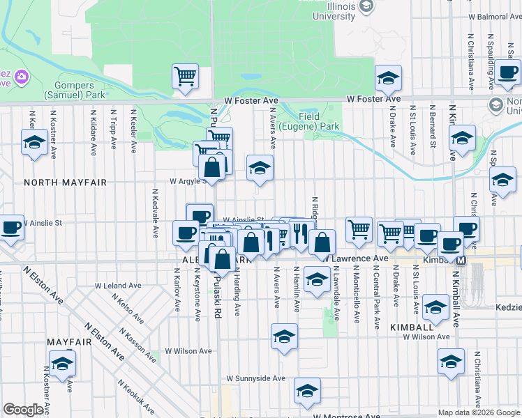 map of restaurants, bars, coffee shops, grocery stores, and more near 4856 North Springfield Avenue in Chicago