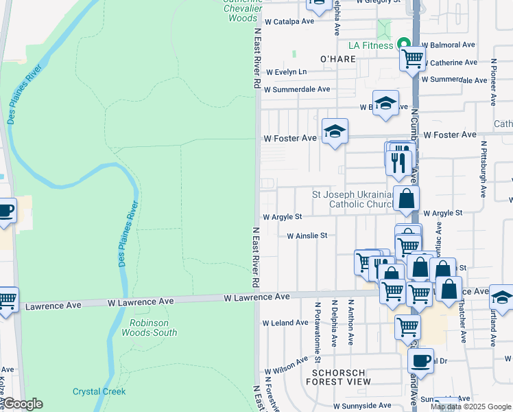map of restaurants, bars, coffee shops, grocery stores, and more near 4939 North East River Road in Norridge