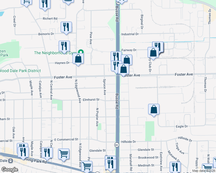 map of restaurants, bars, coffee shops, grocery stores, and more near 1205 Nordic Street in Bensenville