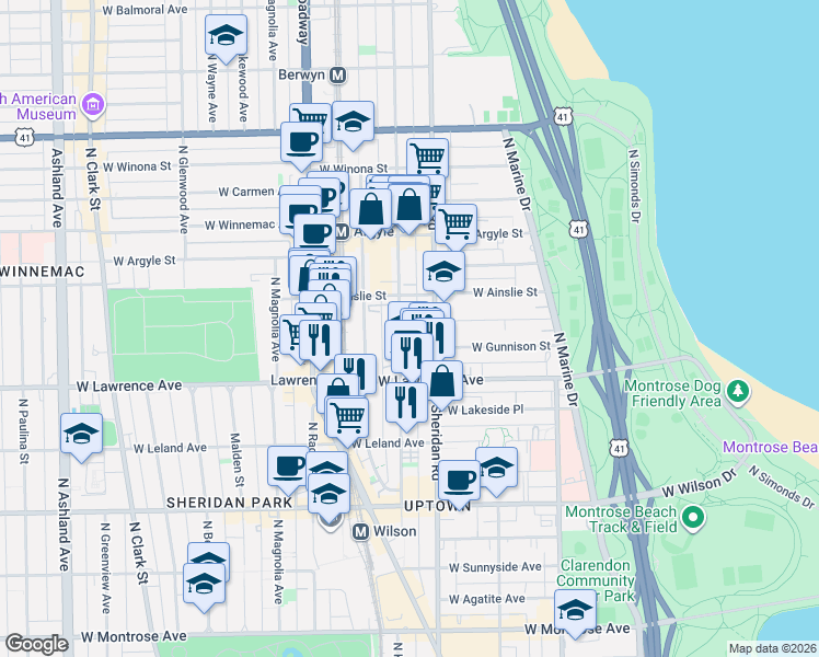 map of restaurants, bars, coffee shops, grocery stores, and more near 4828 North Sheridan Road in Chicago