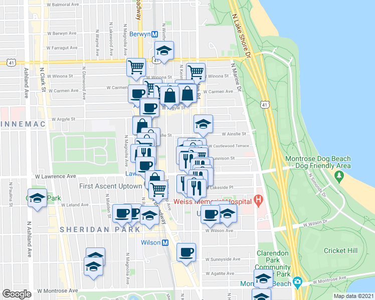 map of restaurants, bars, coffee shops, grocery stores, and more near 4828 North Sheridan Road in Chicago