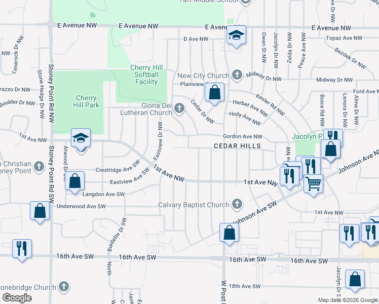 map of restaurants, bars, coffee shops, grocery stores, and more near 72 Cherry Hill Road Northwest in Cedar Rapids