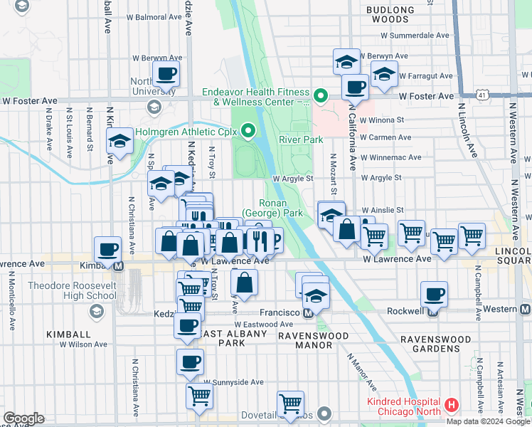 map of restaurants, bars, coffee shops, grocery stores, and more near 3008 West Ainslie Street in Chicago