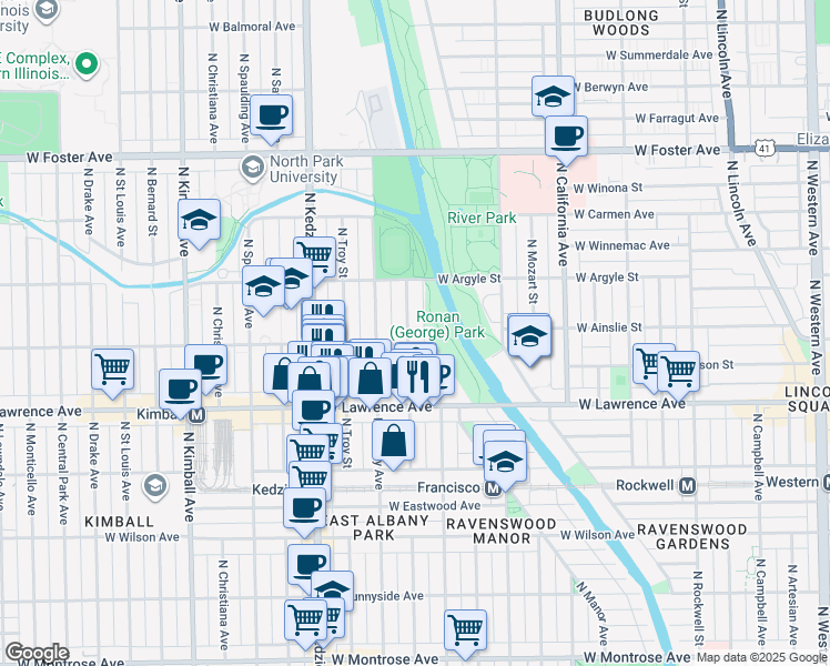 map of restaurants, bars, coffee shops, grocery stores, and more near 4905 North Whipple Street in Chicago