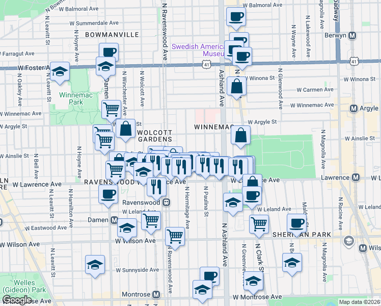 map of restaurants, bars, coffee shops, grocery stores, and more near 4861 North Hermitage Avenue in Chicago