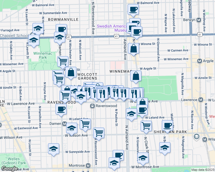 map of restaurants, bars, coffee shops, grocery stores, and more near 4861 North Hermitage Avenue in Chicago