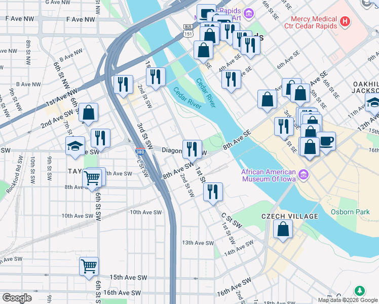 map of restaurants, bars, coffee shops, grocery stores, and more near 715 1st Street Southwest in Cedar Rapids