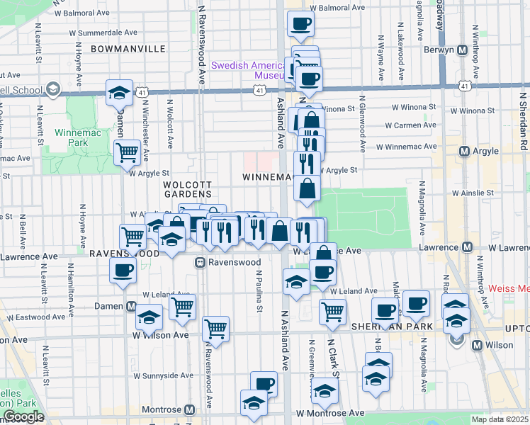 map of restaurants, bars, coffee shops, grocery stores, and more near 4839 North Paulina Street in Chicago