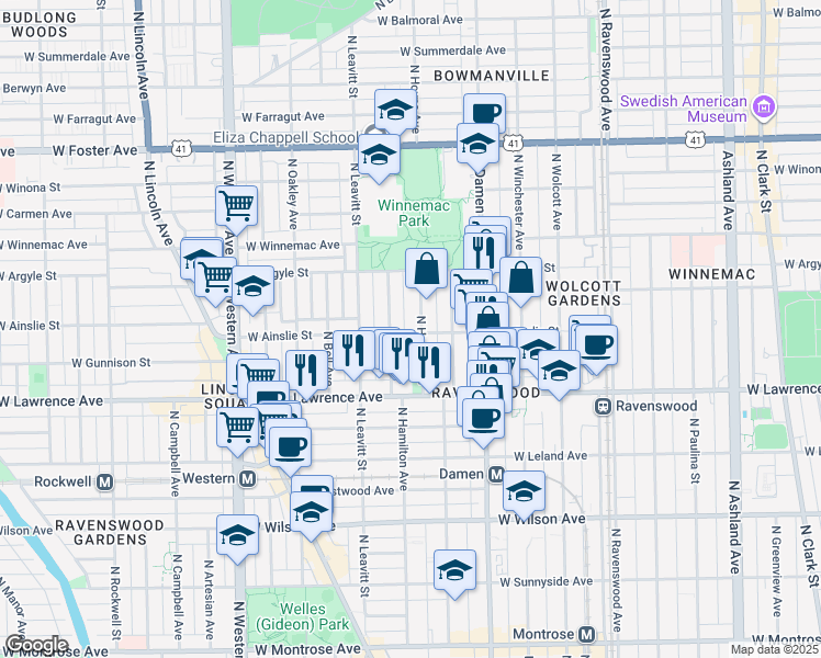 map of restaurants, bars, coffee shops, grocery stores, and more near 2106 West Ainslie Street in Chicago