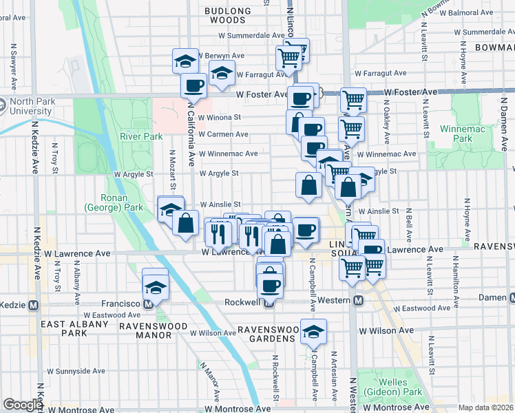map of restaurants, bars, coffee shops, grocery stores, and more near 4851 North Talman Avenue in Chicago