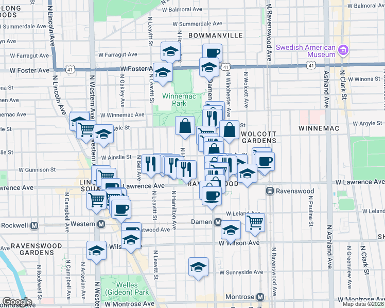 map of restaurants, bars, coffee shops, grocery stores, and more near 4900 North Seeley Avenue in Chicago