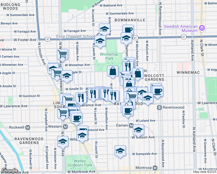 map of restaurants, bars, coffee shops, grocery stores, and more near 4843 North Hamilton Avenue in Chicago