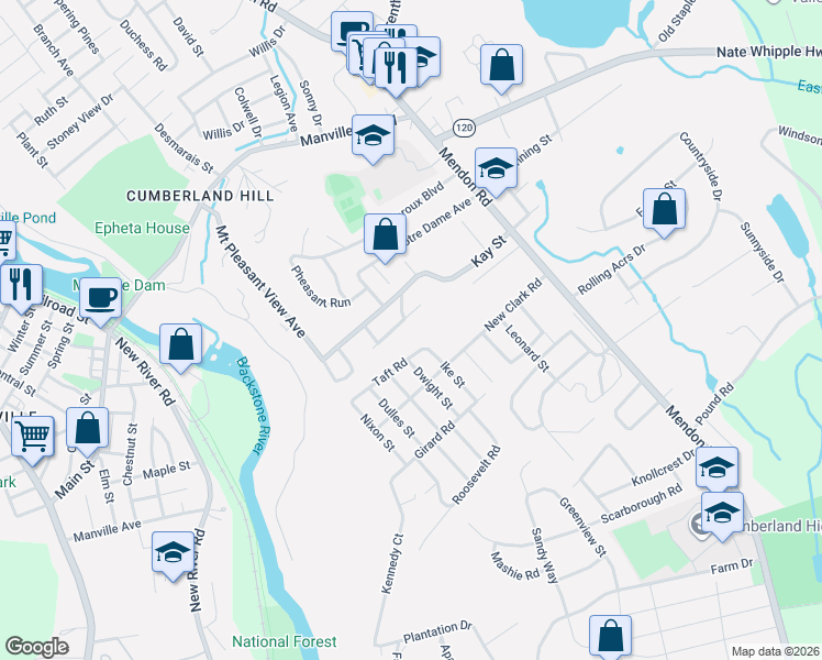 map of restaurants, bars, coffee shops, grocery stores, and more near 3 Taft Road in Cumberland