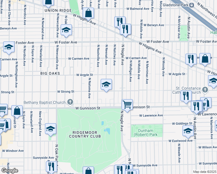 map of restaurants, bars, coffee shops, grocery stores, and more near 6445 West Strong Street in Chicago