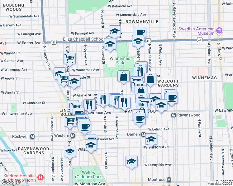 map of restaurants, bars, coffee shops, grocery stores, and more near 2116 West Ainslie Street in Chicago
