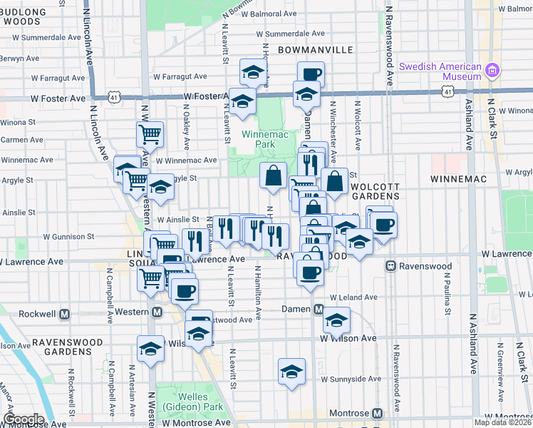 map of restaurants, bars, coffee shops, grocery stores, and more near 2100 West Ainslie Street in Chicago