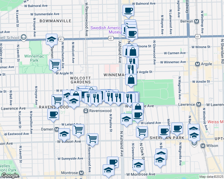 map of restaurants, bars, coffee shops, grocery stores, and more near 4839 North Paulina Street in Chicago