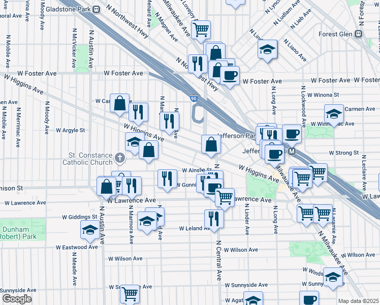 map of restaurants, bars, coffee shops, grocery stores, and more near 5663 West Higgins Avenue in Chicago