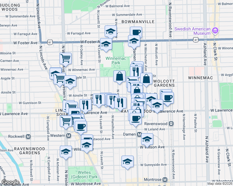 map of restaurants, bars, coffee shops, grocery stores, and more near 4843 North Hamilton Avenue in Chicago