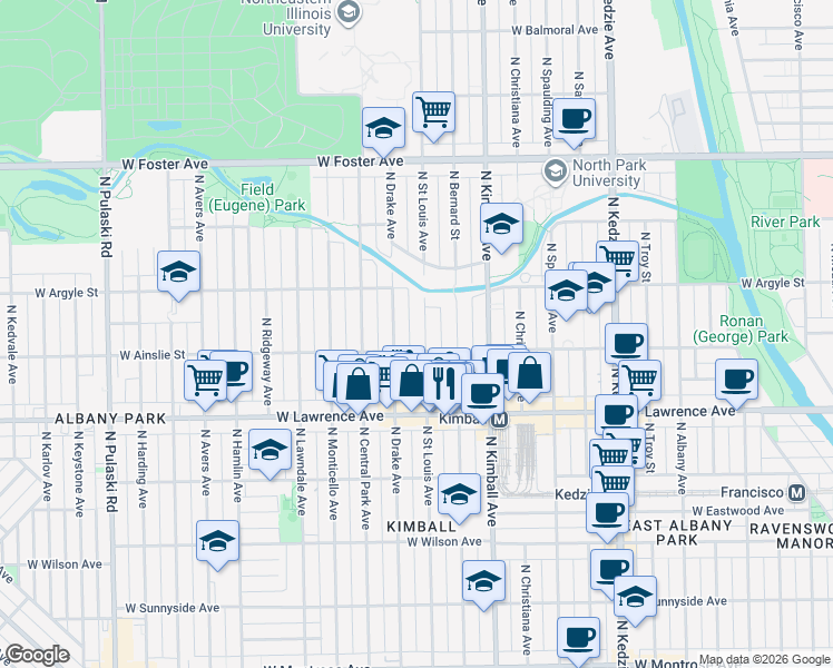 map of restaurants, bars, coffee shops, grocery stores, and more near 4855 North Saint Louis Avenue in Chicago