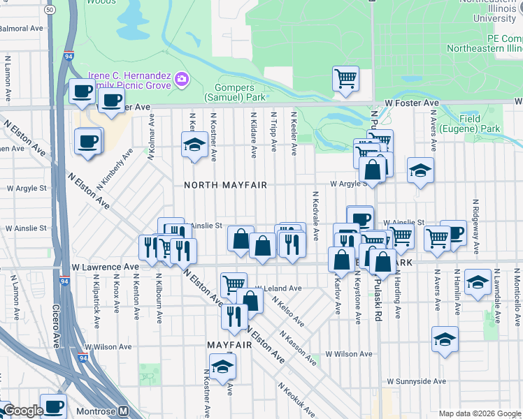 map of restaurants, bars, coffee shops, grocery stores, and more near 4859 North Kildare Avenue in Chicago