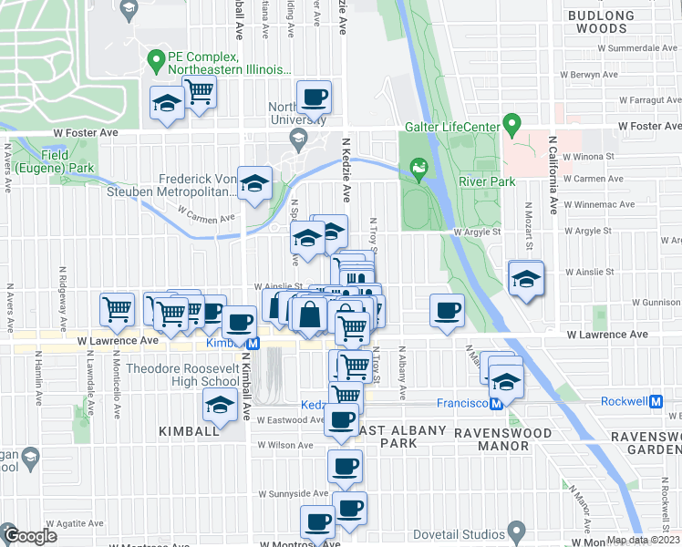 map of restaurants, bars, coffee shops, grocery stores, and more near 4916 North Kedzie Avenue in Chicago