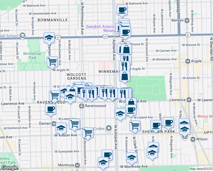 map of restaurants, bars, coffee shops, grocery stores, and more near 4839 North Paulina Street in Chicago