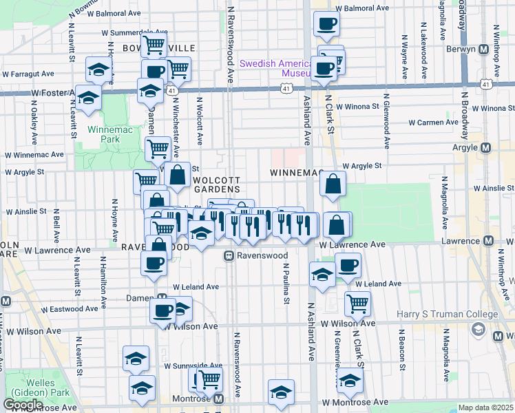 map of restaurants, bars, coffee shops, grocery stores, and more near 4845 North Ravenswood Avenue in Chicago