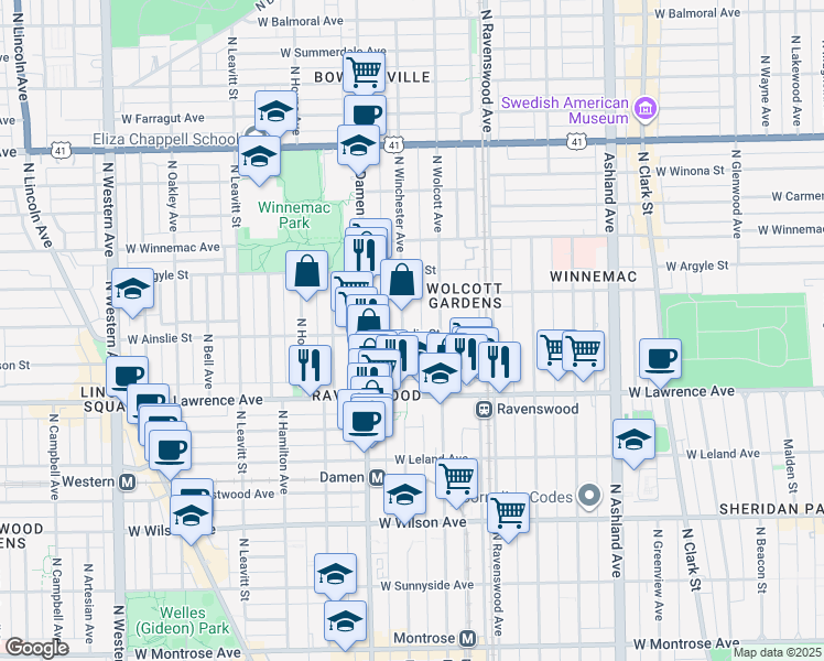 map of restaurants, bars, coffee shops, grocery stores, and more near 4840 North Winchester Avenue in Chicago