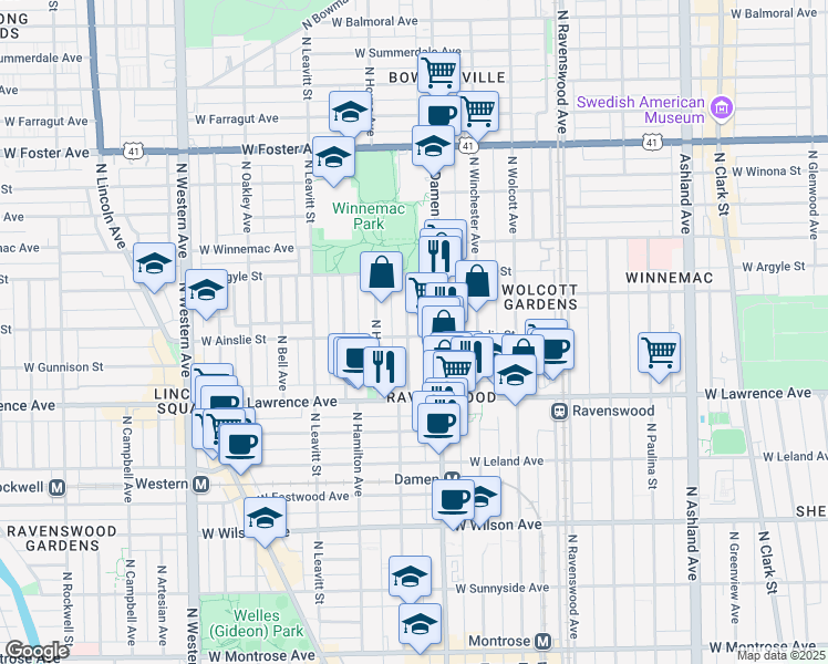map of restaurants, bars, coffee shops, grocery stores, and more near 4842 North Damen Avenue in Chicago