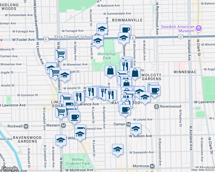 map of restaurants, bars, coffee shops, grocery stores, and more near 4843 North Hamilton Avenue in Chicago