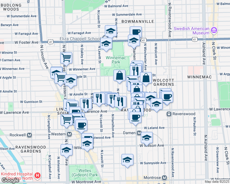 map of restaurants, bars, coffee shops, grocery stores, and more near 4843 North Hamilton Avenue in Chicago