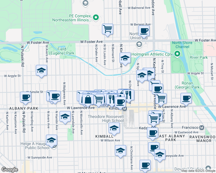 map of restaurants, bars, coffee shops, grocery stores, and more near 4855 North Saint Louis Avenue in Chicago