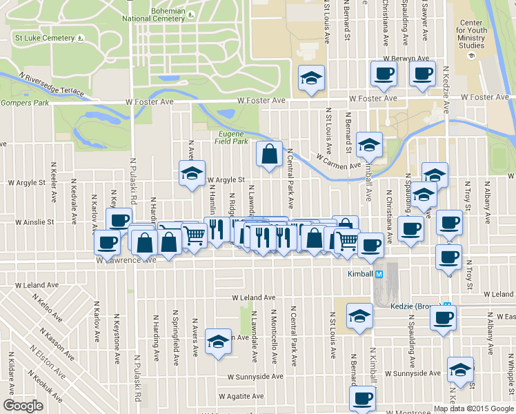 map of restaurants, bars, coffee shops, grocery stores, and more near 4858 North Monticello Avenue in Chicago