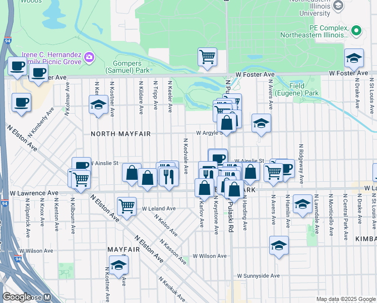 map of restaurants, bars, coffee shops, grocery stores, and more near 4856 North Kedvale Avenue in Chicago