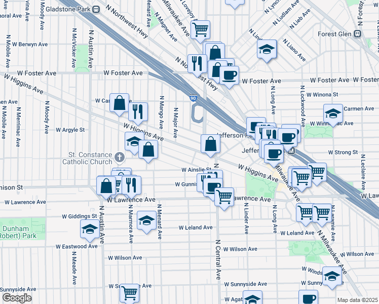 map of restaurants, bars, coffee shops, grocery stores, and more near 5650 West Grover Street in Chicago