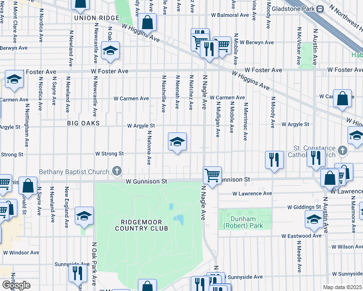 map of restaurants, bars, coffee shops, grocery stores, and more near 6445 West Strong Street in Chicago