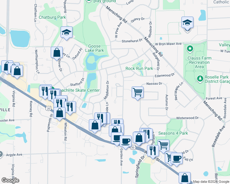 map of restaurants, bars, coffee shops, grocery stores, and more near 702 Kelly Court in Roselle