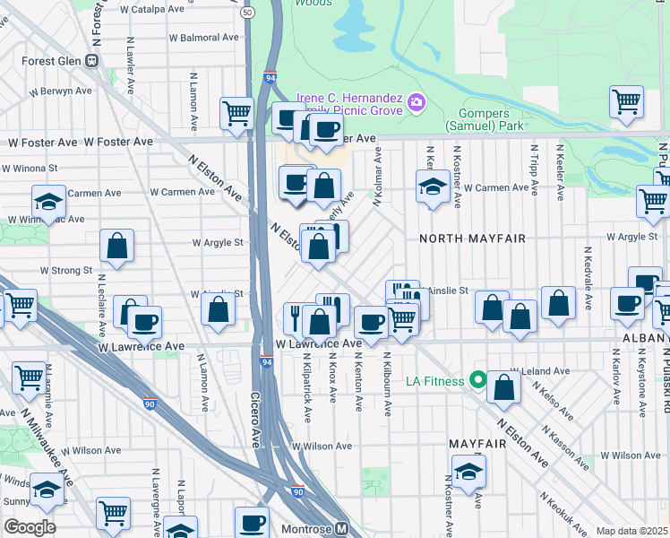 map of restaurants, bars, coffee shops, grocery stores, and more near 4938 North Elston Avenue in Chicago