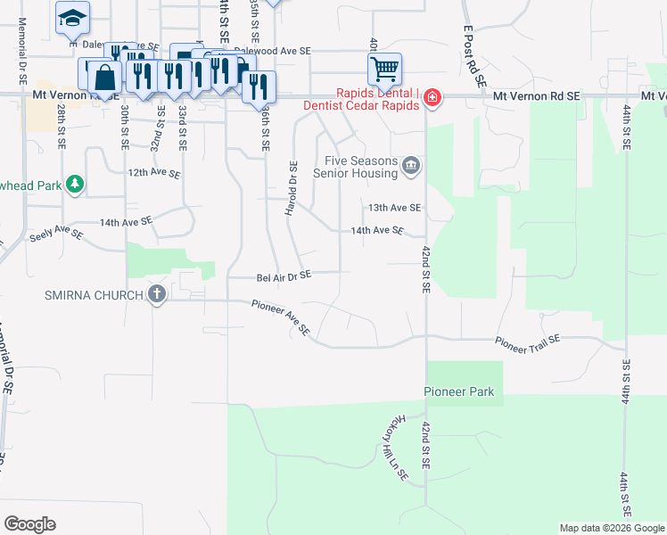 map of restaurants, bars, coffee shops, grocery stores, and more near 1448 38th Street Southeast in Cedar Rapids