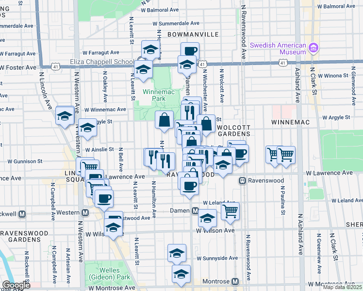 map of restaurants, bars, coffee shops, grocery stores, and more near 2016 West Ainslie Street in Chicago