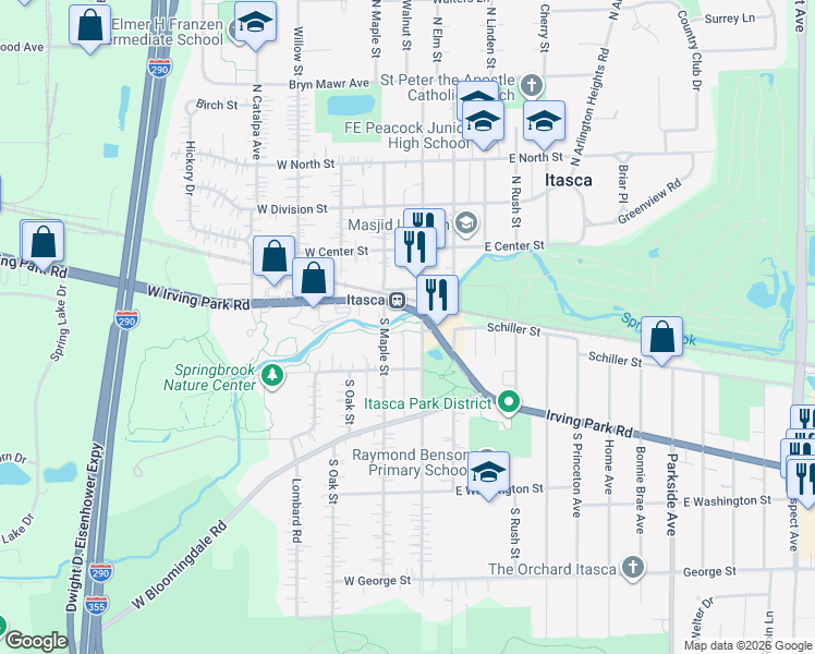 map of restaurants, bars, coffee shops, grocery stores, and more near 111 Gigi Gruber Lane in Itasca