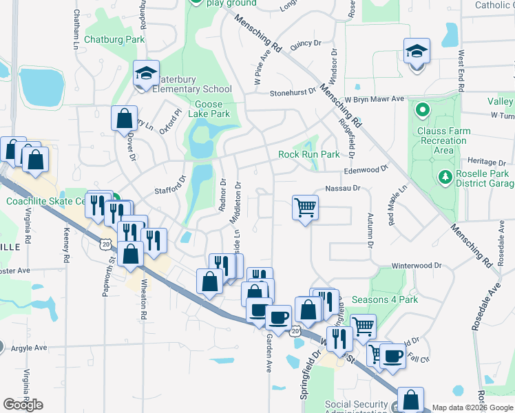 map of restaurants, bars, coffee shops, grocery stores, and more near 702 Kelly Court in Roselle