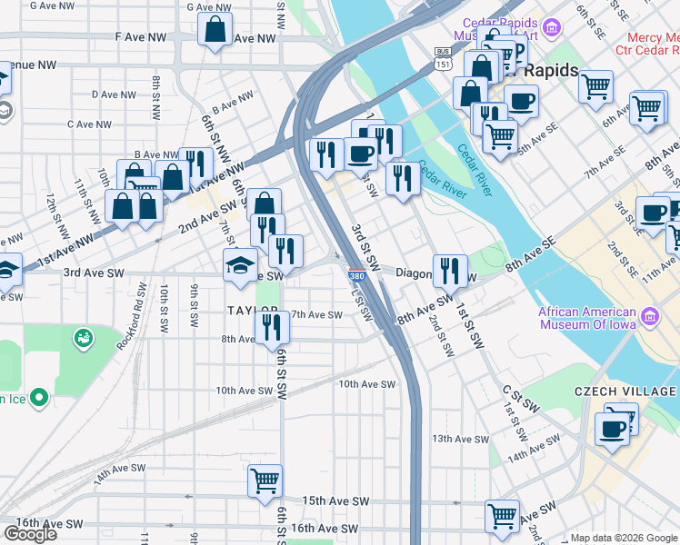 map of restaurants, bars, coffee shops, grocery stores, and more near 517 4th Street Southwest in Cedar Rapids