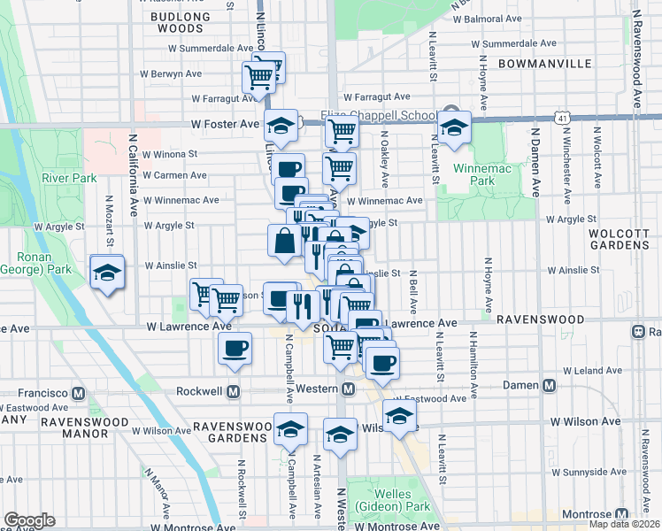 map of restaurants, bars, coffee shops, grocery stores, and more near 4906 North Western Avenue in Chicago