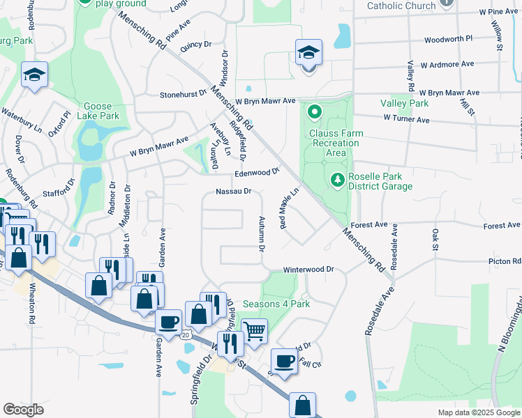 map of restaurants, bars, coffee shops, grocery stores, and more near 615 Autumn Drive in Roselle