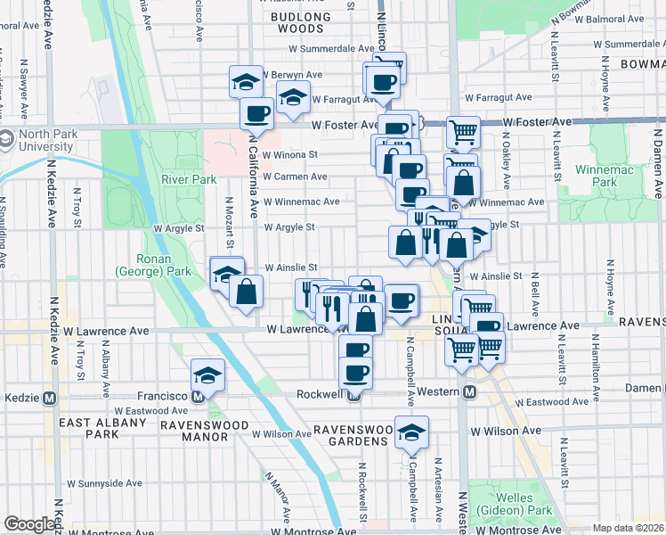 map of restaurants, bars, coffee shops, grocery stores, and more near W Ainslie St & N Talman Ave in Chicago