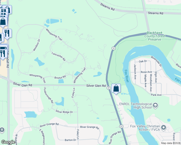 map of restaurants, bars, coffee shops, grocery stores, and more near 36W246 River View Court in St. Charles